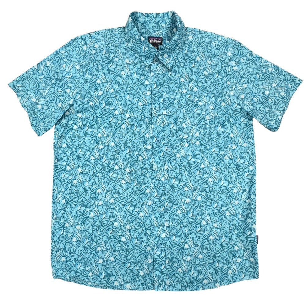 Patagonia Button Down Shirt Mens L Teal Blue Floral Wave Organic Cotton Blend